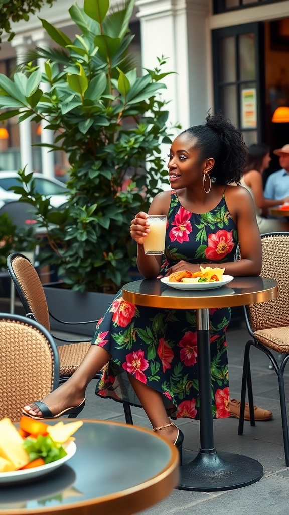 A fashionable black woman in a floral midi dress at an outdoor café table, enjoying a lunch date.